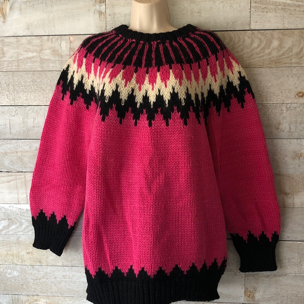 Grigoropoulos Hot pink and Black yoke fair isle Genuine wool Sweater
